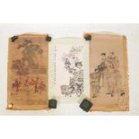 Three Chinese printed scrolls depicting figures in landscapes with animals, 12" wide
