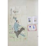 A Chinese watercolour scroll depicting a musician and his teacher, 27" X 53½"