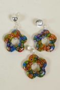 A suite of millefiore earrings and pendant