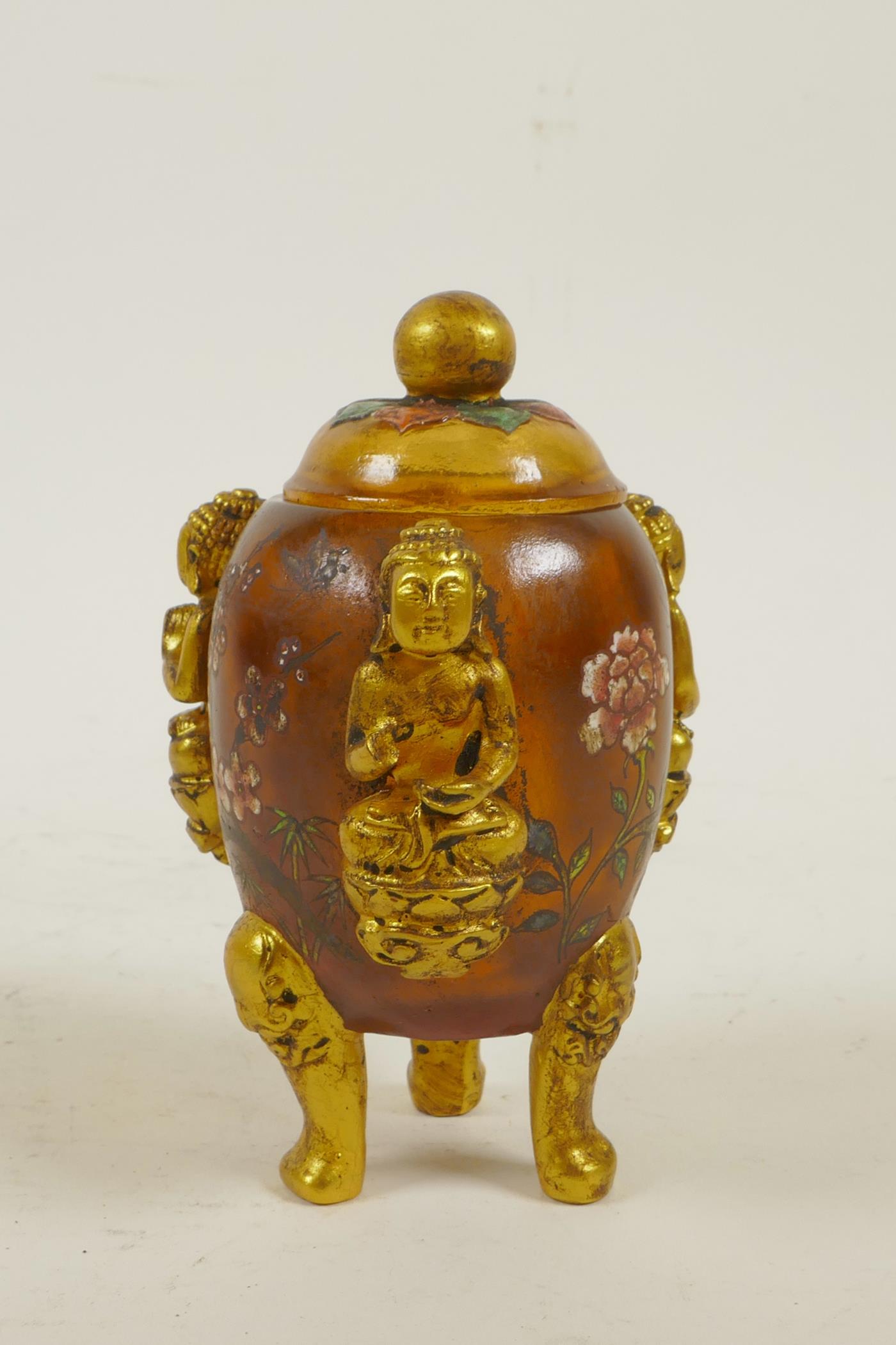 A Peking glass censer and cover on tripod supports with three raised and gilt depictions of Buddha - Image 2 of 4