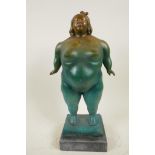 A Botero style patinated metal figure of a female nude, 15" high