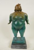 A Botero style patinated metal figure of a female nude, 15" high