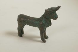 An Eastern Anatolian bronze figure of a bull, 2" long