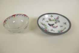 A Chinese porcelain bowl painted with butterflies in a pewter frame, 6" diameter, together with a