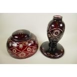 A Bohemian flash cut ruby over clear glass table lamp and mushroom shade, 12" diameter