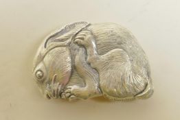 A silver plated vesta case in the form of a rabbit, 2½" long