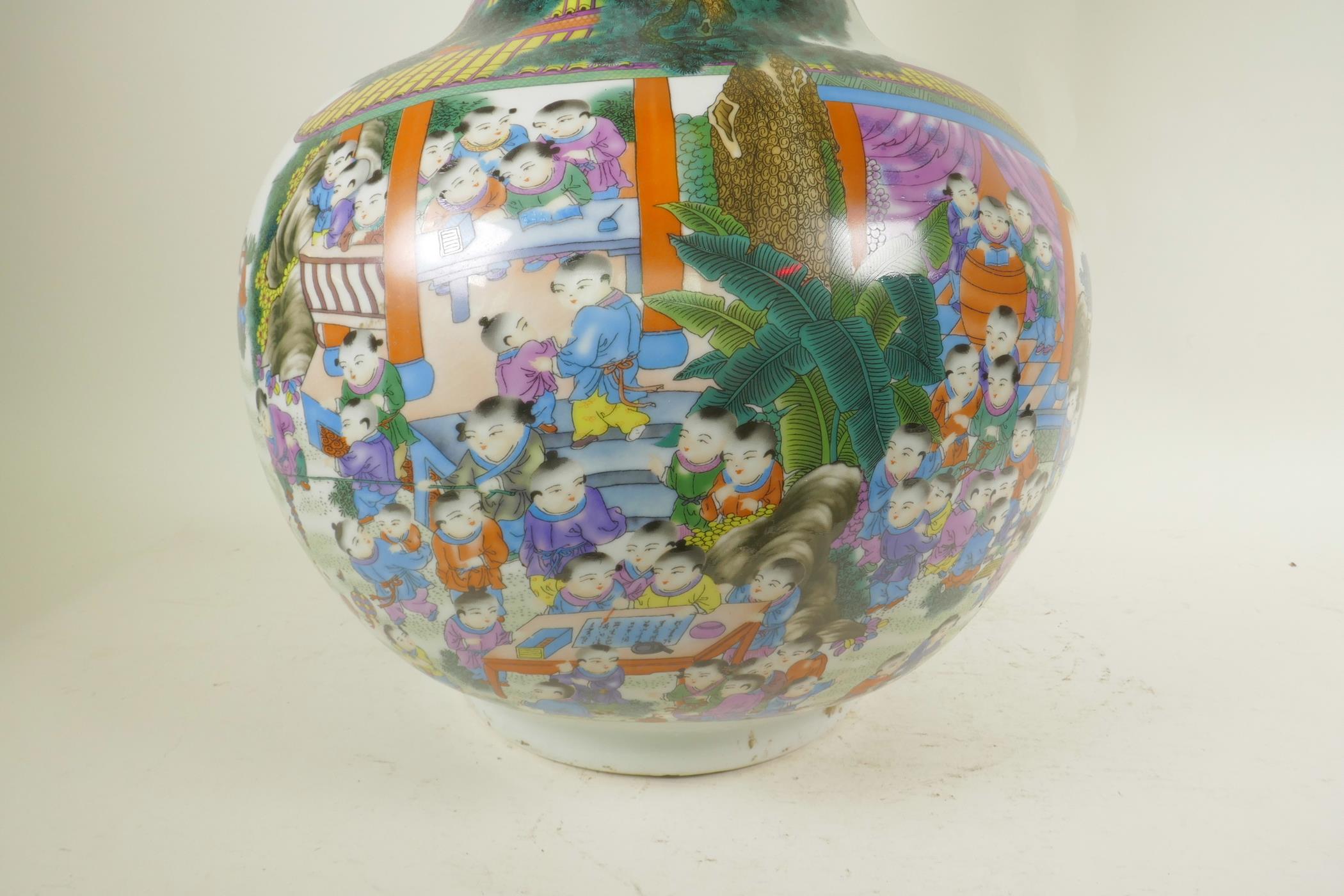A Chinese porcelain vase with long neck and flared rim decorated with boys and calligraphy, 21" high - Image 2 of 6