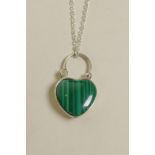 A silver pendant necklace in the form of a heart shaped padlock set with a malachite panel, 1"