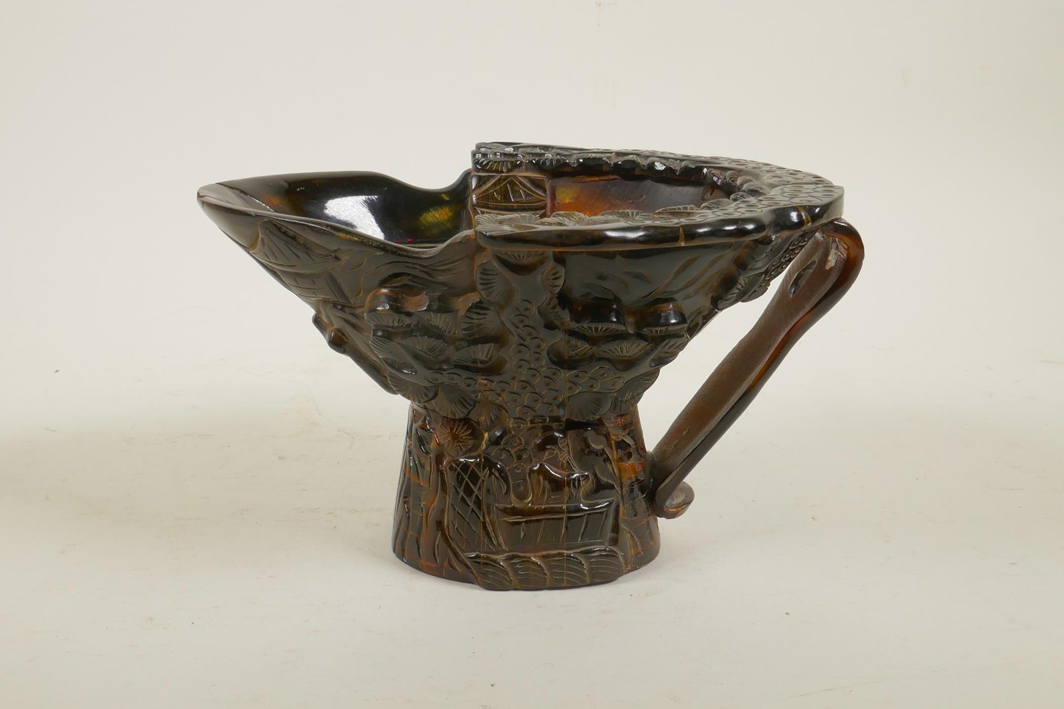 A Chinese sectional horn libation cup with carved decoration of figures in a forest, 4½" high x - Image 3 of 4