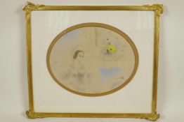 Young lady seated by a vase of flowers, oval mounted mixed media, signed Minaux, 8" x 9½"