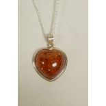 A 925 silver and amber style heart shaped pendant necklace, 1½"