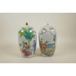 A pair of Chinese Republic porcelain jar and covers with famille verte decoration of women and