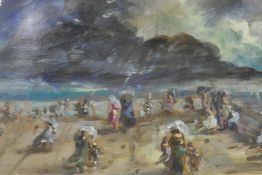 French impressionist style landscape with figures on a promenade, indistinctly signed, oil on paper,