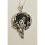 A 925 silver Art Nouveau style pendant necklace depicting a nymph, 2½" drop