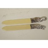 Two faux bone letter openers with silver plated handles modelled as horse and elephant heads, 10½"