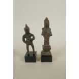 A Chinese bronze archaic figure of Quan Yin, and another, 4½" high