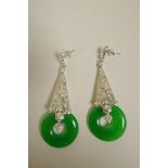 A pair of 925 silver, cubic zirconium and jade drop earrings, 2½" drop