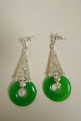 A pair of 925 silver, cubic zirconium and jade drop earrings, 2½" drop