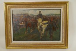 Geoffrey Mortimer (British, 1895-1986), 'The Horse Fair' after Alfred Munnings, oil on canvas laid