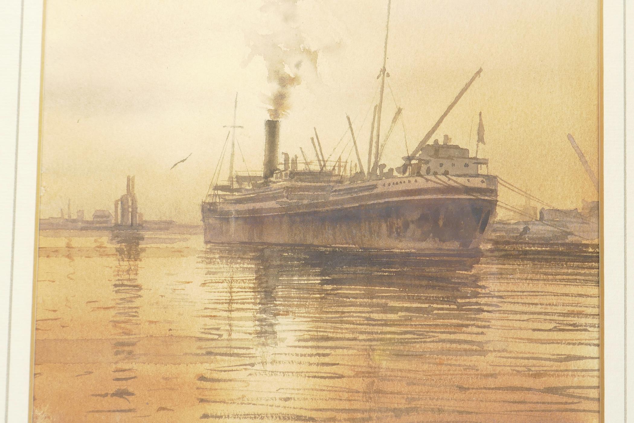 Joe Francis Dowden, freight ship preparing to leave port at sunset, signed, watercolour, 8" x 6½"