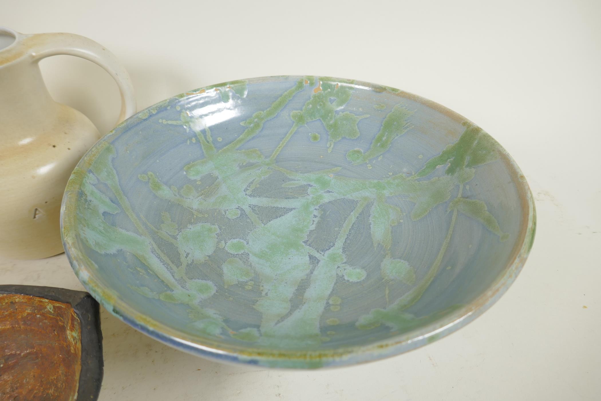 A studio pottery tazza with a splash green glaze, 10" diameter, together with other studio - Image 3 of 8