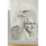 A black and white print of an eagle and First Nation elder, signed Samlu 89, 7½" x 10"