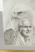 A black and white print of an eagle and First Nation elder, signed Samlu 89, 7½" x 10"