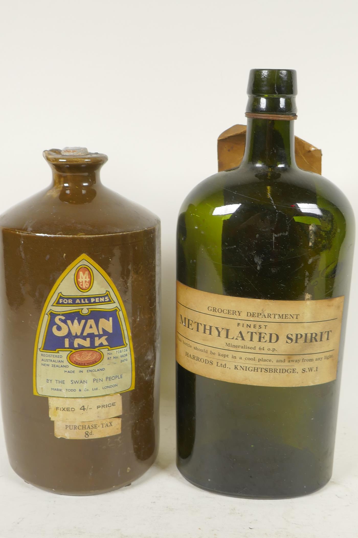 A large stoneware Swan ink bottle with original label together with a Harrods Grocery Department - Image 2 of 5