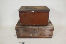 A pine trunk, 32" x 17" x 13", and a mahogany shoe shine box
