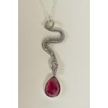 A 925 silver pendant necklace in the form of a marcasite encrusted snake with a pear shaped red