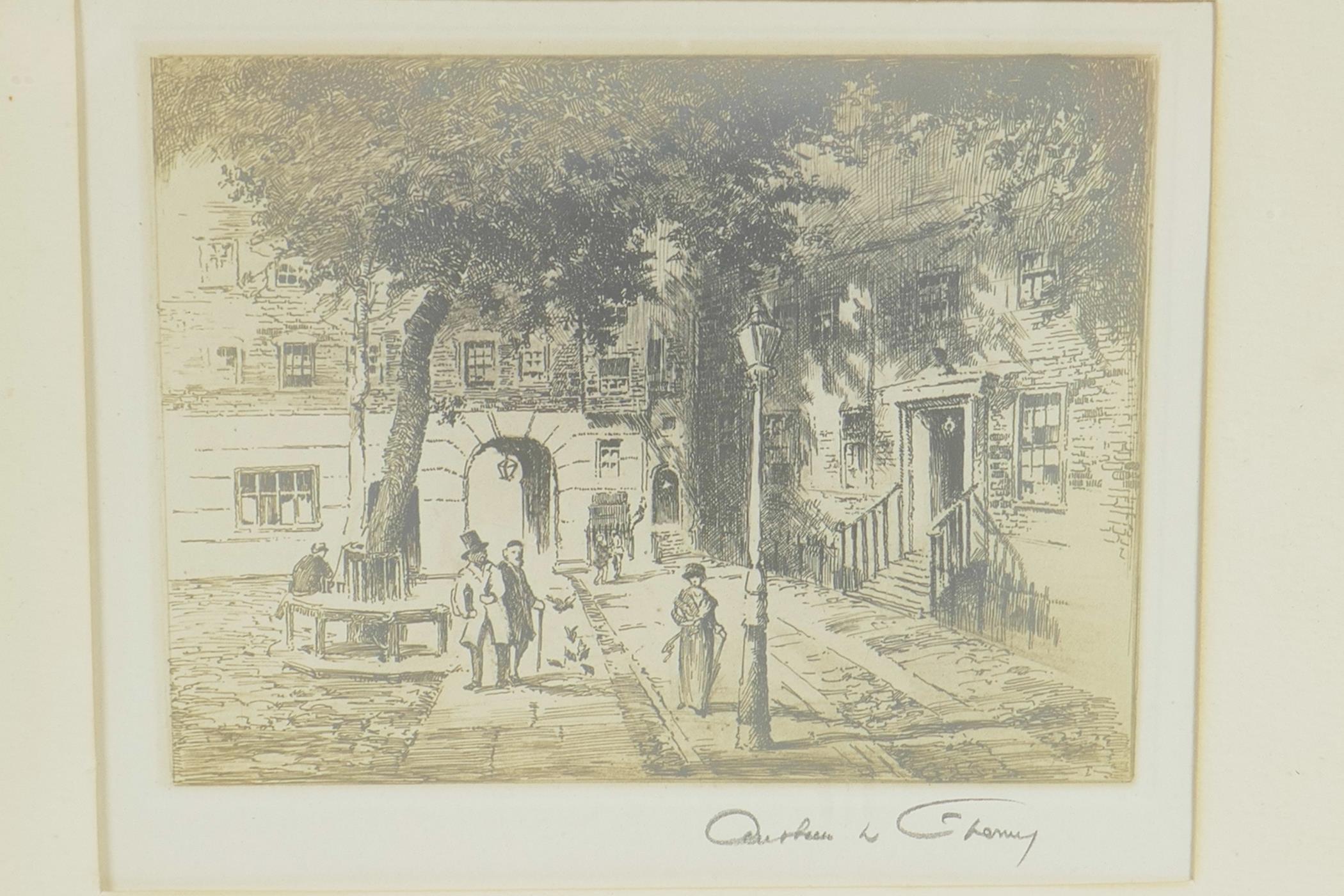 A French sepia etching of a village square in the sunshine, signed in pencil, 5" x 4½" - Image 2 of 4