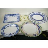 Six Staffordshire oval meat dishes, largest 18½" x 15", together with a rectangular 'Argyle' pattern