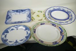 Six Staffordshire oval meat dishes, largest 18½" x 15", together with a rectangular 'Argyle' pattern