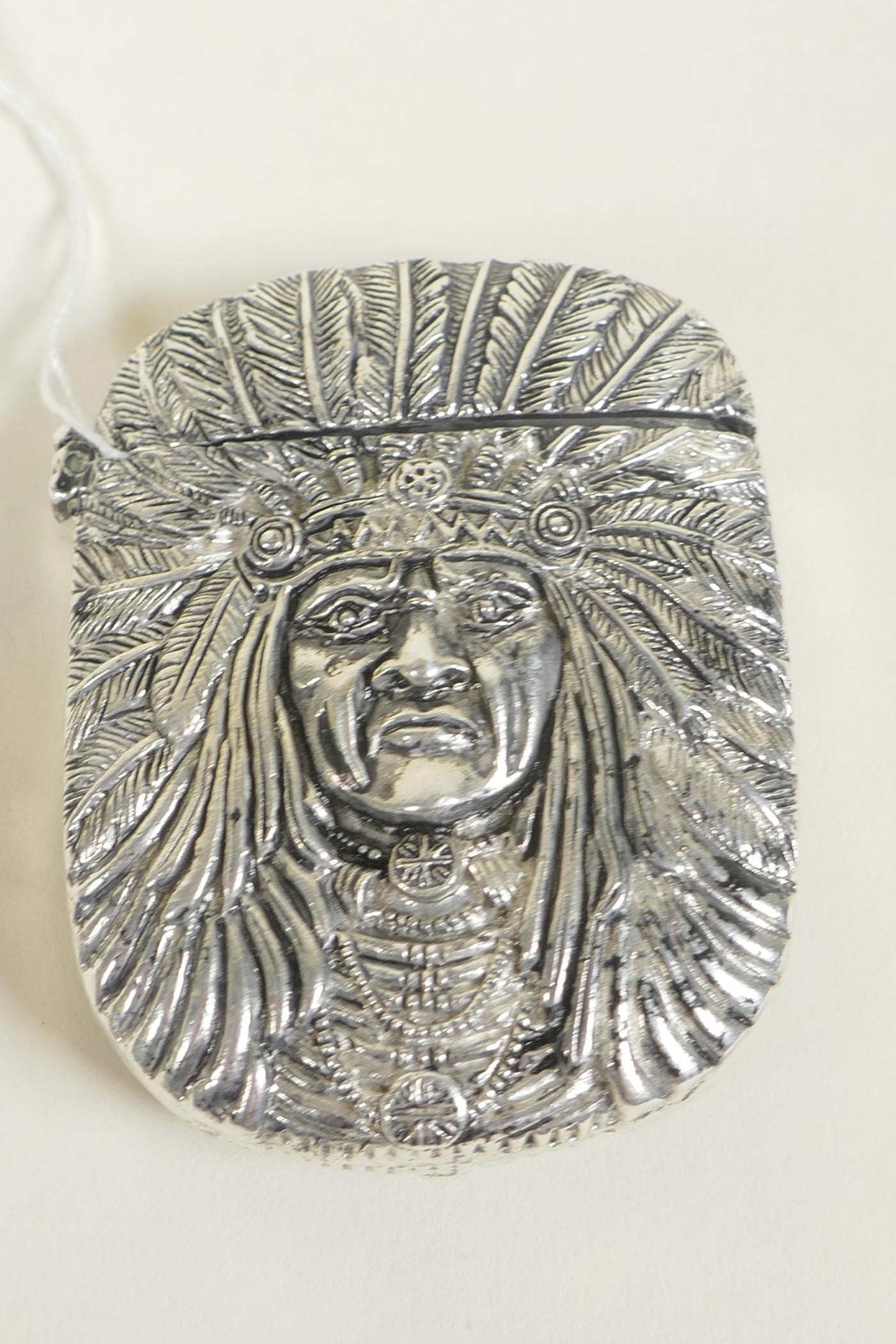 A silver plated vesta case decorated with a Native American brave, 2" - Image 2 of 2