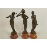 Three Art Nouveau style figures of ladies, 9" high