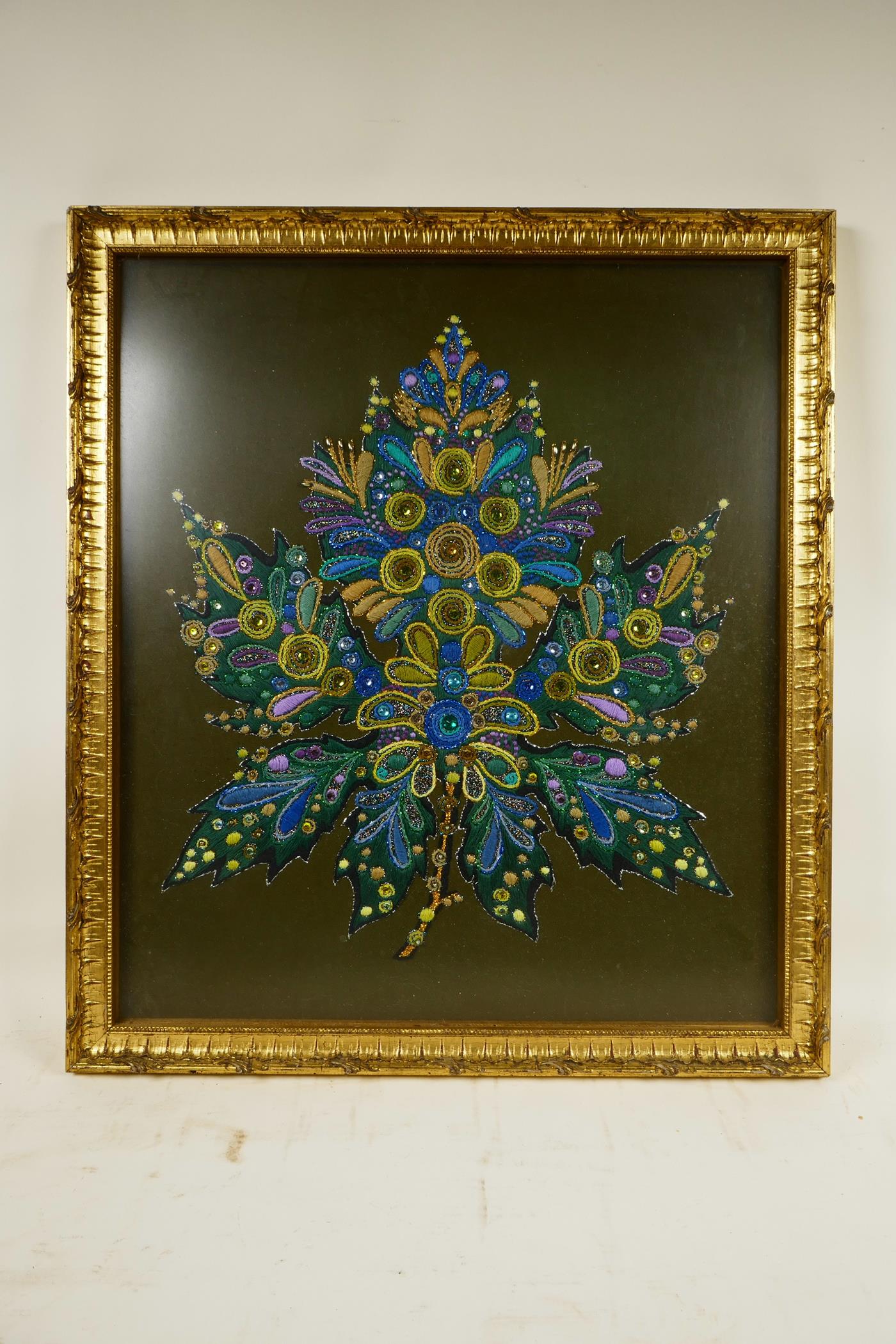 A late 1970s embroidery of a maple leaf, with applique sequins and silk thread in vibrant purple, - Image 2 of 6