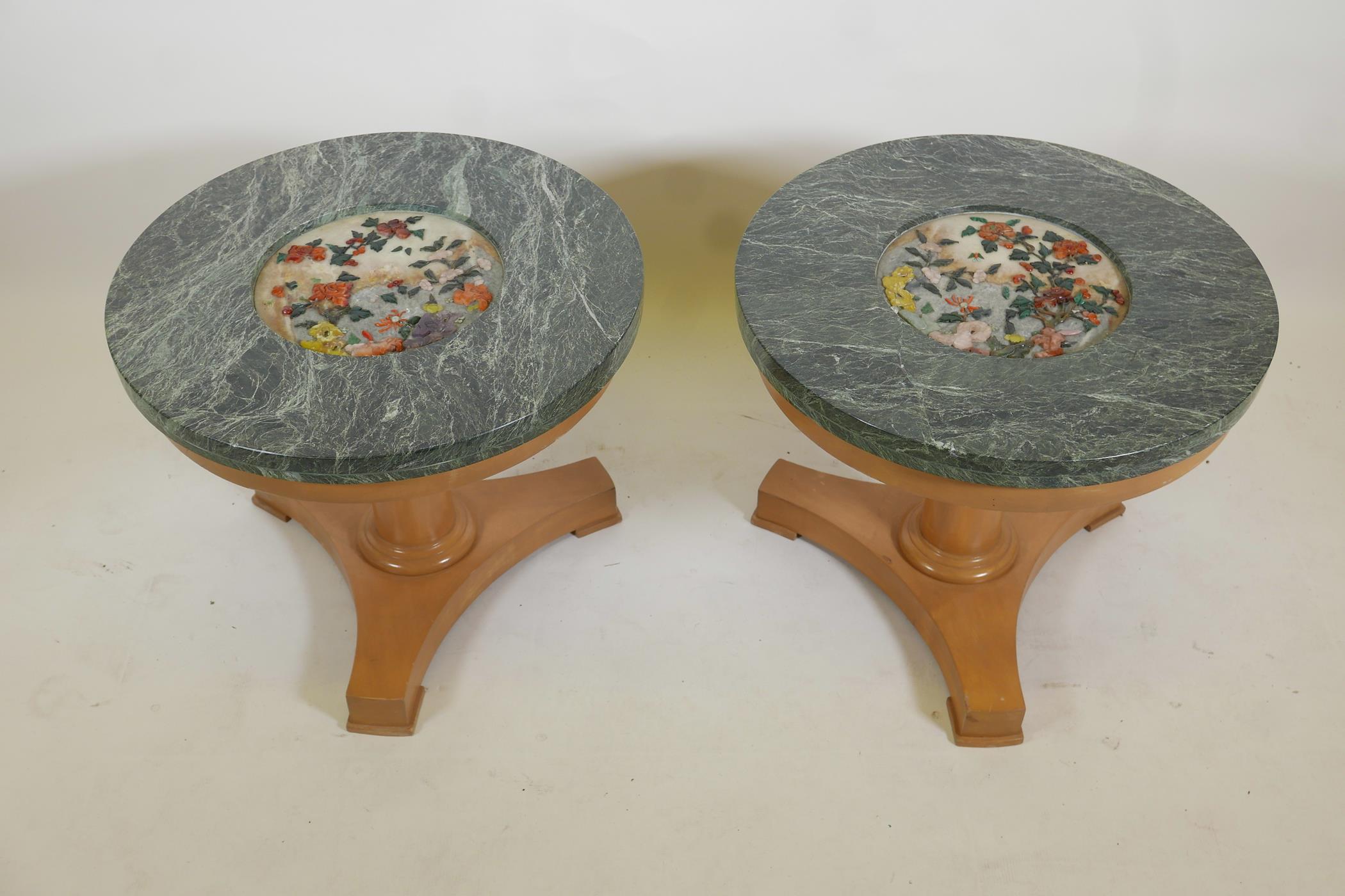 A pair of beechwood occasional tables with vert de mer marble top inset with pietra dura decoration, - Image 2 of 7