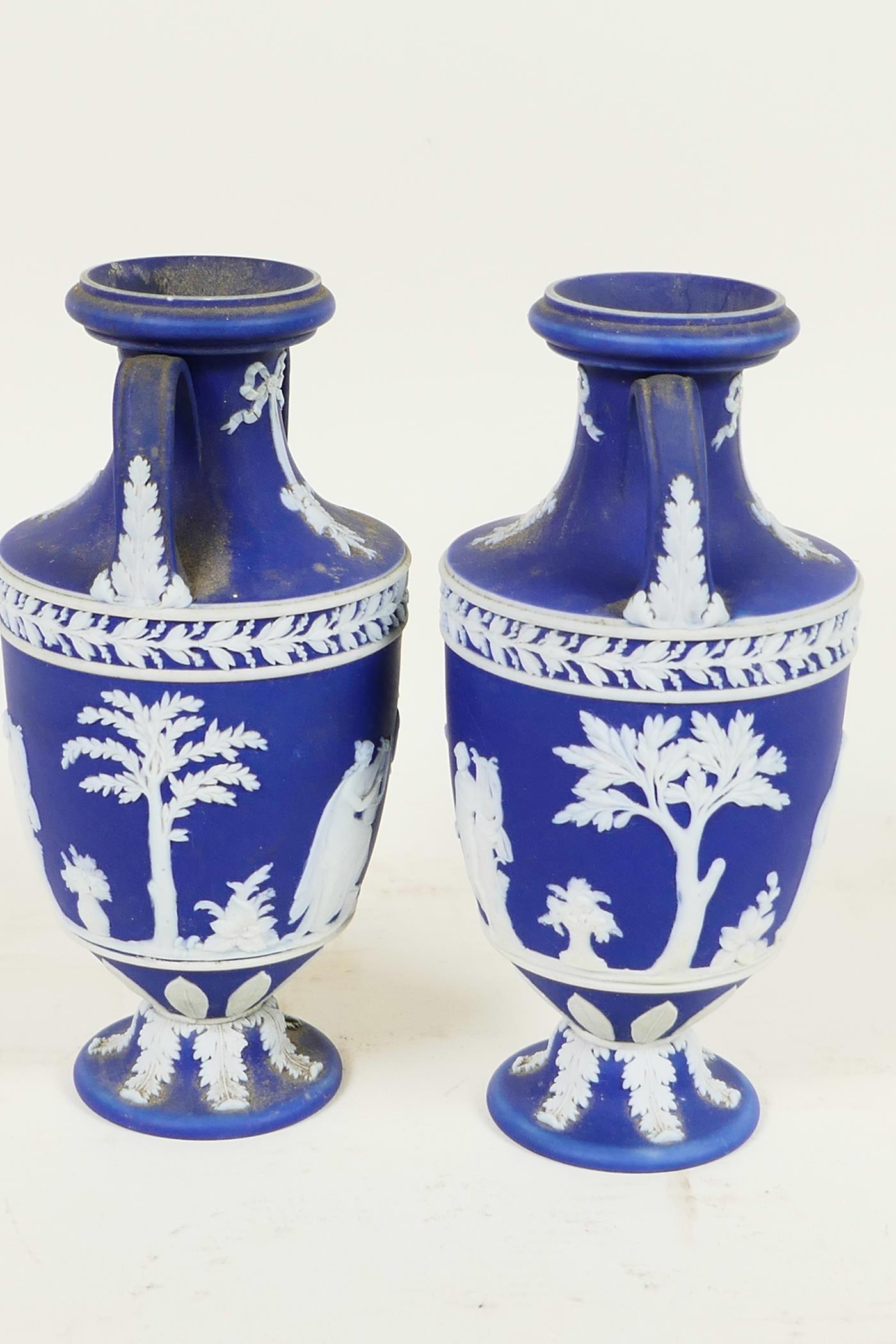 A pair of C19th Wedgwood Jasperware two handled pedestal vases decorated with Grecian figures, 6" - Image 4 of 5