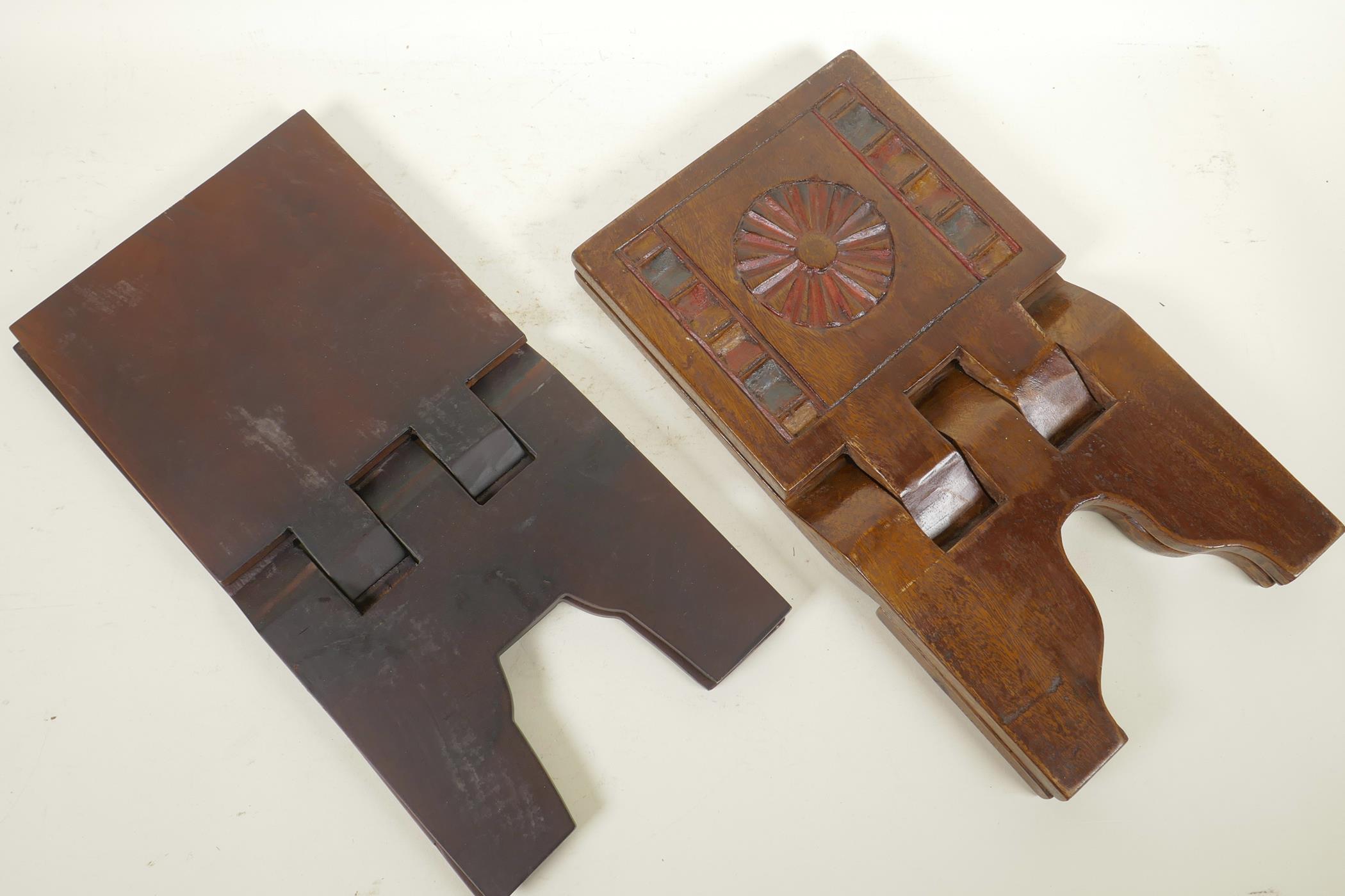 An Indian carved hardwood book rest and another, together with an Indian turned and carved wood - Image 5 of 5