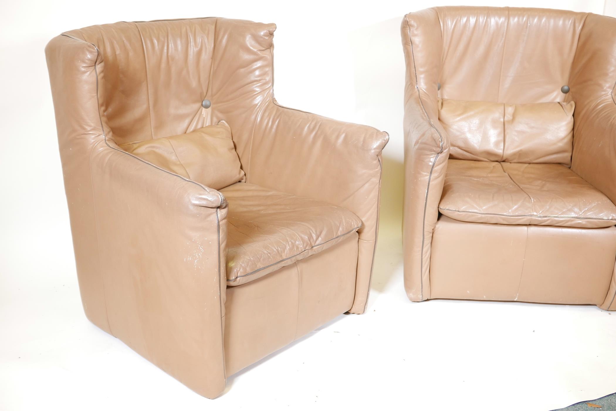 A pair of retro 1970s leather wing back armchairs, 36" high - Image 2 of 3