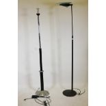 A metal and glass uplighter, 73" high, and another in chrome plate and black lacquer, lacks shade