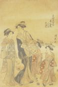 A Japanese woodcut colour print, two ladies and two children in a garden scene, described and signed