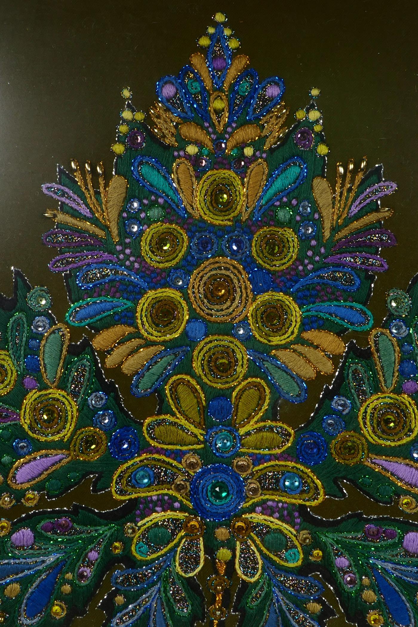 A late 1970s embroidery of a maple leaf, with applique sequins and silk thread in vibrant purple, - Image 3 of 6