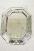 A late C19th/early C20th Venetian cushion mirror, with cut and etched glass panels, A/F losses,