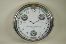 A replica chrome plated 'World Cities' wall clock, 17½" diameter