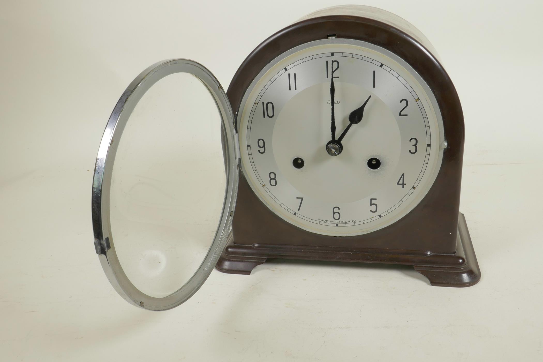 A mid C20th Smith's Enfield chiming mantel clock, dark wood effect bakelite casing and silver - Image 6 of 7