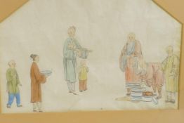 A hand coloured picture of Chinese figures serving food, 14" x 9"