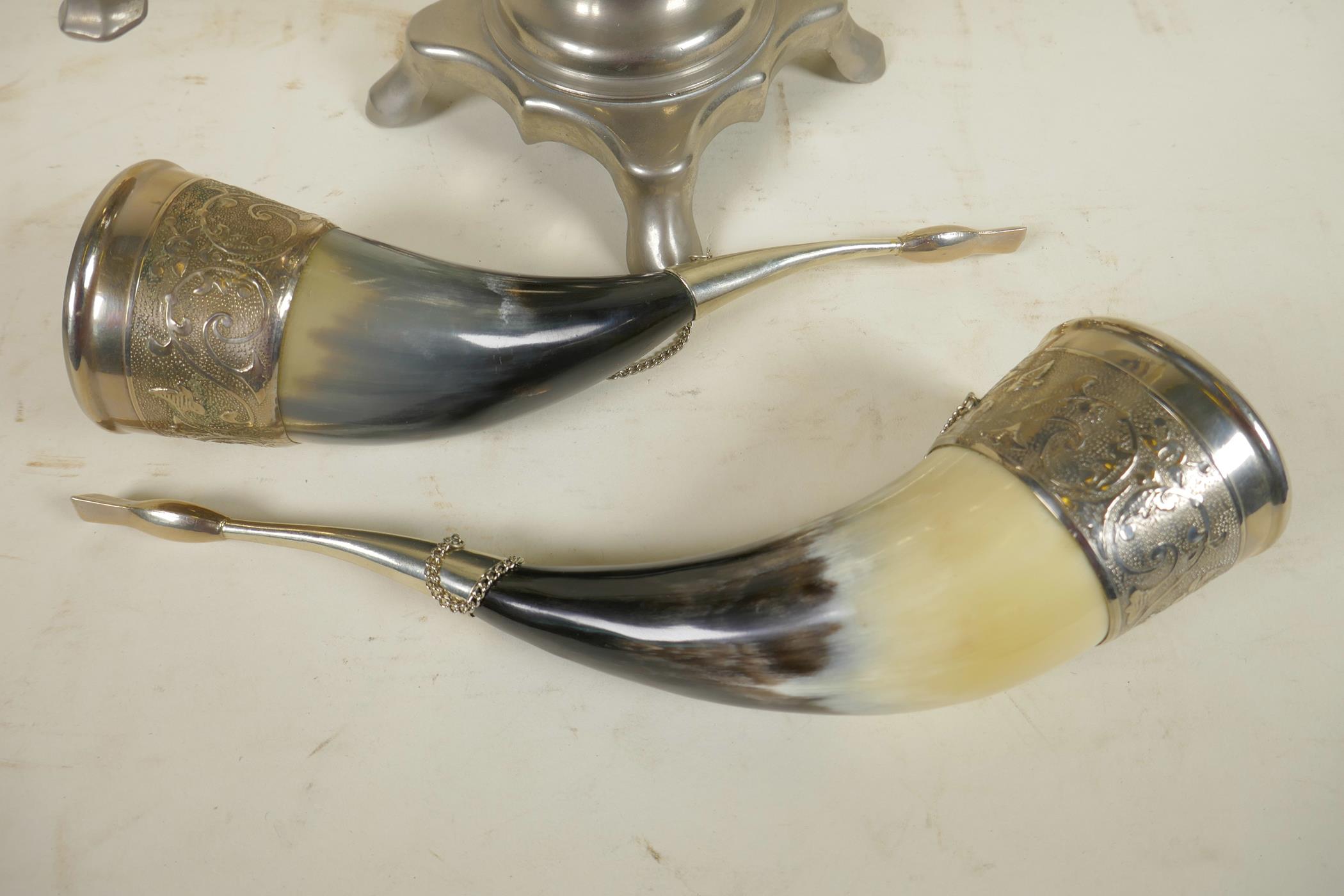 A pair of silver plate mounted horns with scroll decoration, 10" long, together with a silver plated - Image 3 of 4