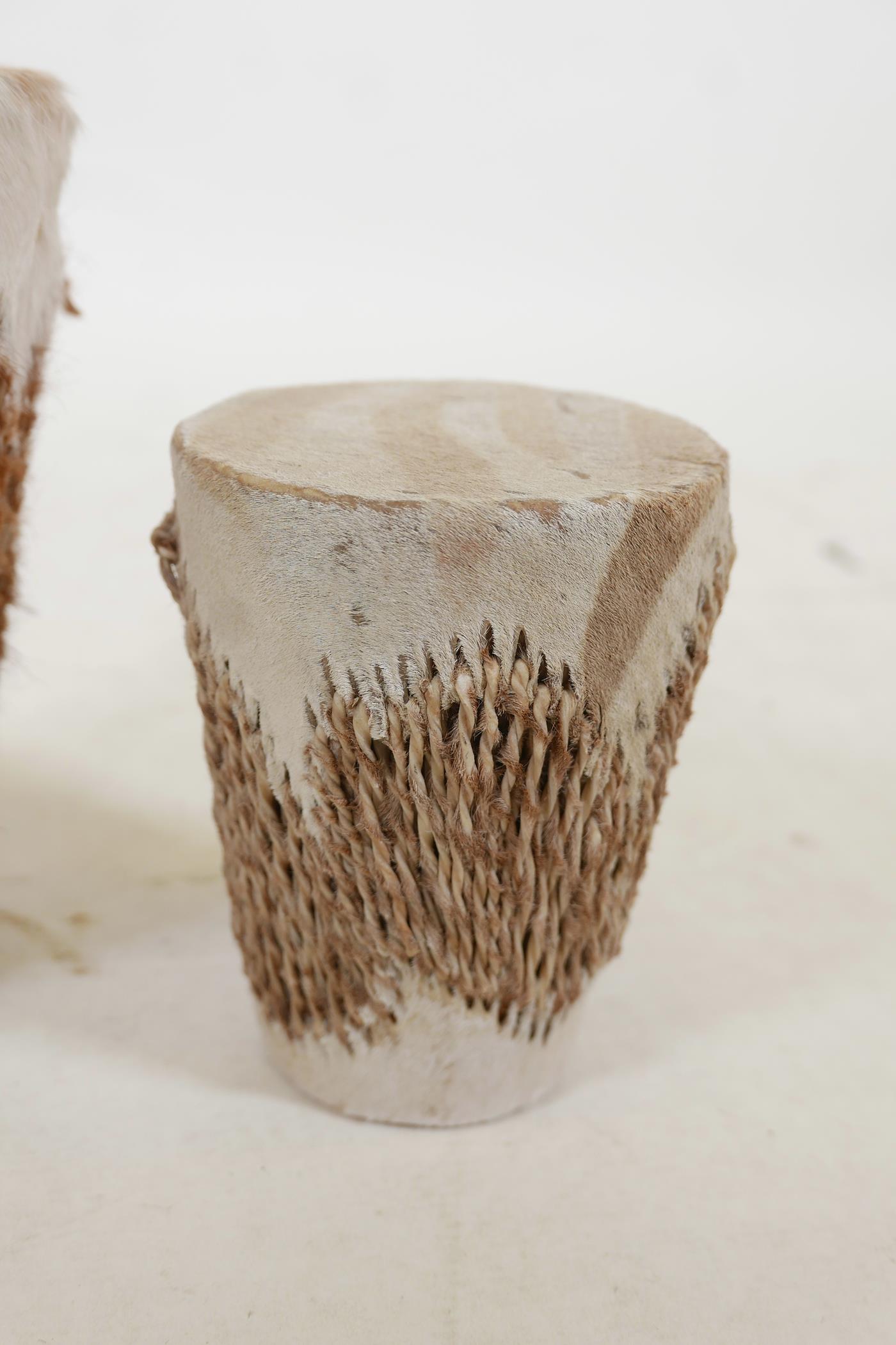 A pair of African hide drums and another larger, 9" high - Image 3 of 4
