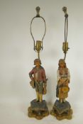 A pair of Continental terracotta lamp bases of male and female musicians dressed in traditional